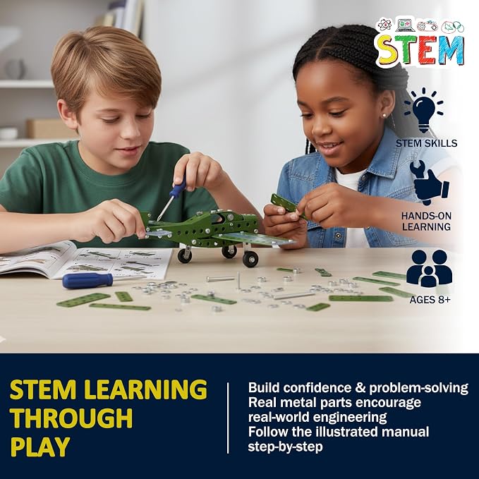 Metal Model Airplane Building Toys for Boys & Girls Ages 8-16, 285 Pieces DIY STEM Construction Kits, Educational Engineering Science Plane Set, Vintage Aircraft Vehicle Gift for Kids & Adults