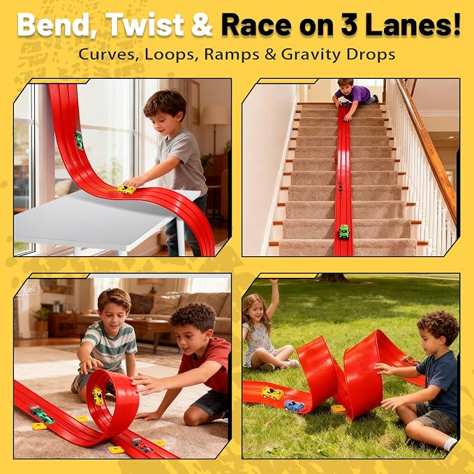 3-Lane Flexible Race Track for Kids - 20FT Flex Race Car Ramp Track with Strong Suction Cups, Rolls Up Portable DIY Racetrack Compatible with Hot Wheels & Diecast 1/64th Cars