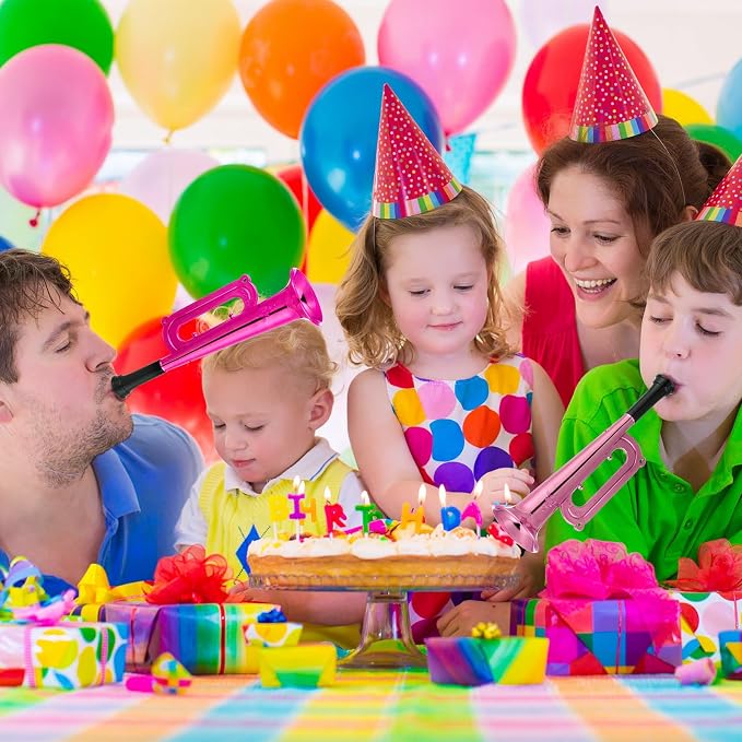 Poen 12 Pcs Toy Trumpet Kids Mini Metallic Trumpet Parties Musical Blow Horn Instruments Plastic Noise Makers for Kids Events Party Favors Music Class Stage Props 7 Inch Easter Day(Colorful)