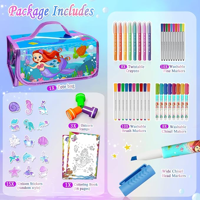 weirtoya 56 PCS Washable Scented Markers with Glitter Pencil Case, Mermaid Unicorn Arts and Crafts for kids 4-6-8 Kids Coloring Drawing Kits for 4-8 Years Old Girls (Mermaid, 56)