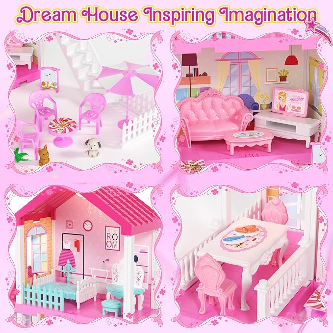 TUZT 2-Story Doll House with Stairway, Toy Figure, Pet Dogs, Furniture and Accessories, Pretend Play Dream Dollhouse with Light, Christmas Birthday Gifts for Kids Toddlers Girls Aged 3 4 5 6