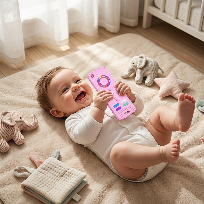 SOLIFEGOBLE Silicone TV Remote Teething Toy, BPA-Free Food Grade Teether for Babies 6-24 Months, Soft Chew Toy with Textured Buttons, Teething Relief & Sensory Play (Pink)