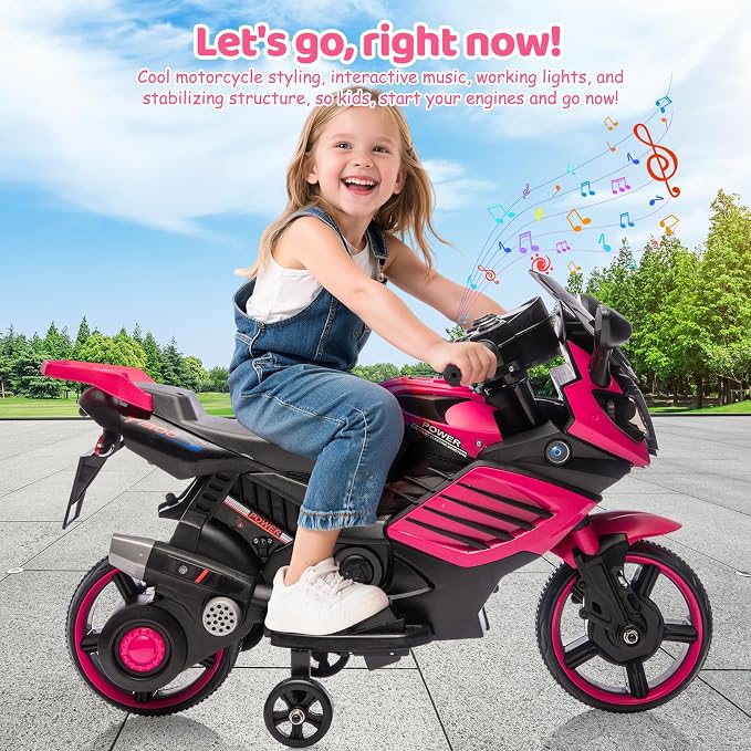Kids Ride On Motorcycle, 6V Battery Powered Electric Motorcycle, w/Treaded Tires, Horn, Working Headlight, Music, Training Wheels, Stable Ride On Toys for Kids Toddler Boys Girls 3-6, Rosy