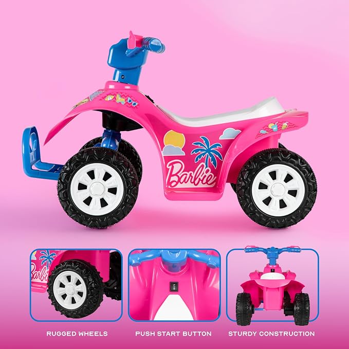 Barbie - 6V ATV Ride On Toy for Kids, LED Headlights, Battery Powered