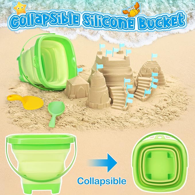 RACPNEL Collapsible Beach Toys for Kids, Foldable Sand Bucket and Shovels Set with Mesh Bag, Sand Castle Building Kit, Sandbox Toys, Travel Sand Toys Beach Essentials for Toddlers Age 3-10