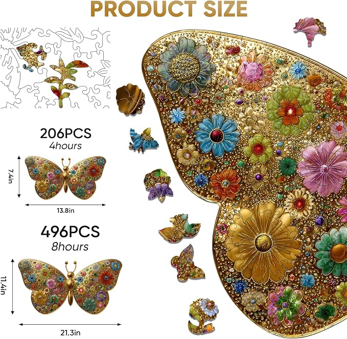 Mocfesk Wooden Puzzles for Adults, Golden Butterfly Puzzles, Unique Shaped Jigsaw Puzzles for Adults and Kids, Birthday Gifts Fun Family Game 13.8 x 7.4 in