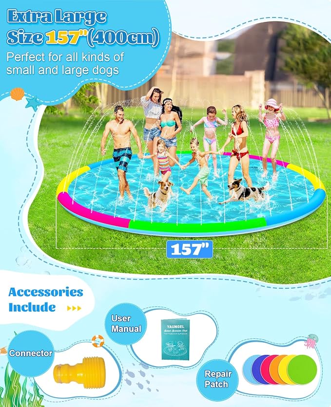 157" Extra Large Splash Pad - Non-Slip Splash Pad for Kids and Dogs Thickened Dog Pool with Sprinkler for Toddlers Children Adults Pets