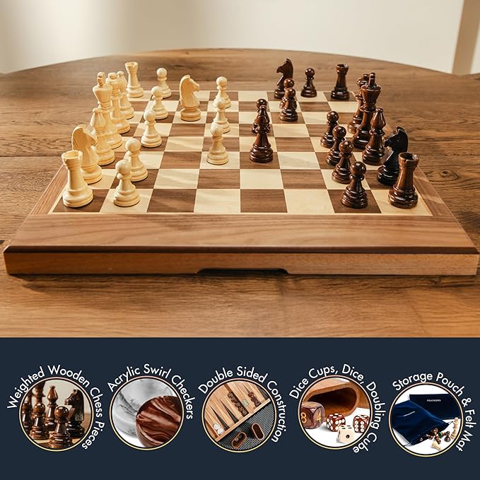 Pointworks 17 Inch Chess Checkers Backgammon Set for adults, Wooden chess set combo, portable folding two sided board multi game design, maple walnut inlay with large weighted pieces, acrylic checkers