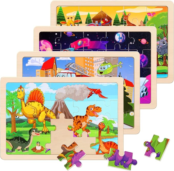 Wooden Puzzles Toys for Kids Ages 3-5, Set of 4 Packs Dinosaur, Space, Transportation Wood Toddler Puzzles, Preschool Brain Teaser Toys for Boys and Girls 3 4 5 6 Years Old