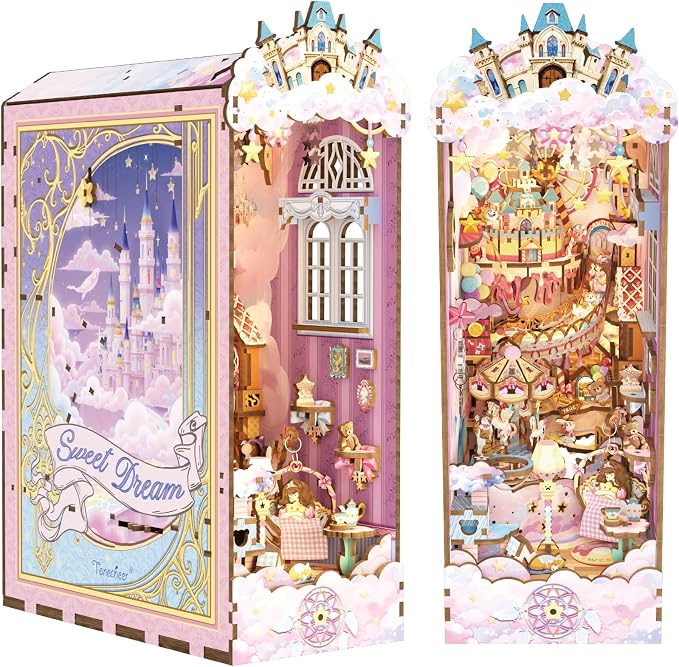 Tonecheer DIY Book Nook Kit for Adults, Booknook Wooden 3D Puzzle Bookend Miniature House Kit, Fantasy Pink Bookshelf Decor with Dust Cover and LED Light for Birthday Gifts (Sweet Dream)
