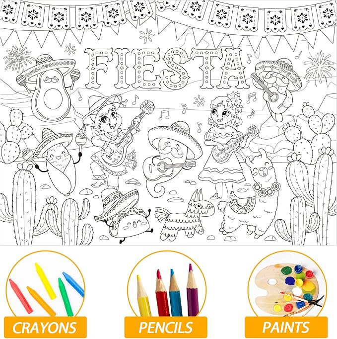 ZOIIWA Large Mexican Fiesta Coloring Poster Giant Coloring Sheet Page De Mayo Tablecloth Big Taco Jumbo Books for Craft Activity Game Home Birthday Party Decorations Supplies Favor 31.4 x 43.3 Inch