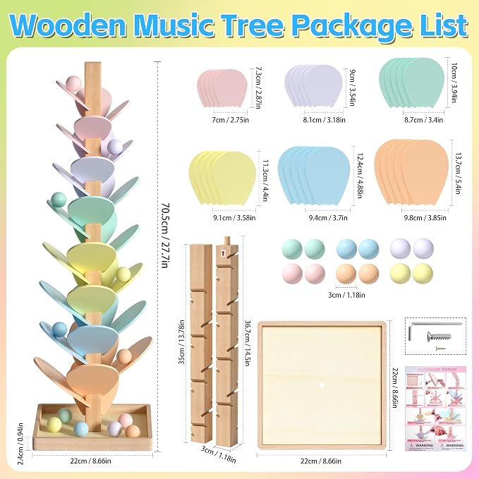 Wooden Marble Run Music Tree, Montessori Rainbow Singing Tree with 12 Extra-Large 3cm Balls, Color Sorting STEM Learning Toy, Wooden Ball Run Game Gift for Kids Ages 3+
