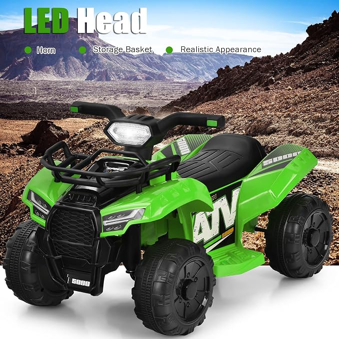 Costzon Kids ATV, 6V Battery Powered Electric Vehicle Four Wheeler Quad w/Storage Basket, Headlight, Horn, Music, MP3 & USB, Toddler 4 Wheeler Ride on Car Toy for Boys Girls 18-36 Months (Green)