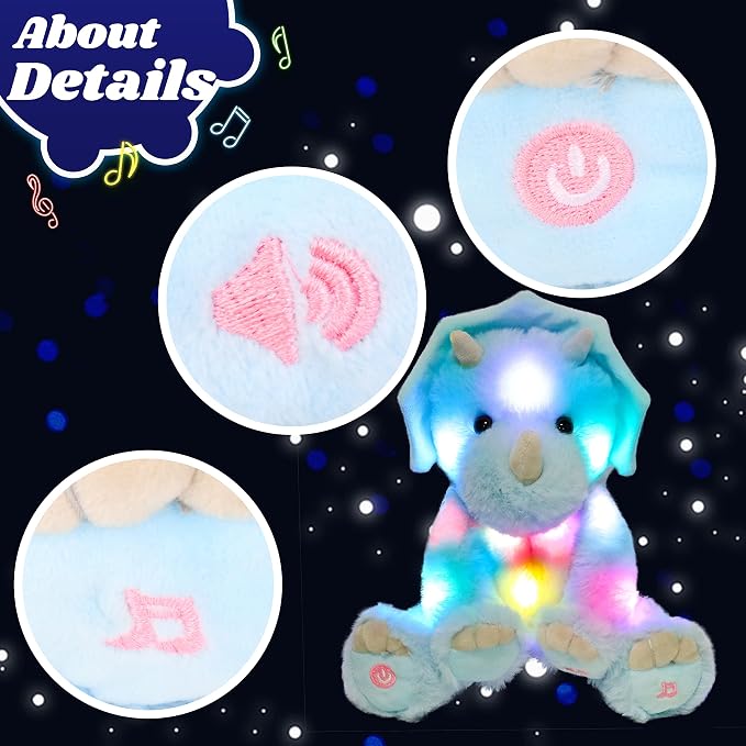 Light-up Singing Plush Blue Triceratops LED Musical Stuffed Animal Dinosaur Adjustable Volume Lullaby Plushies Birthday Christmas Toy Gifts for Kids Toddler Girls, 13"