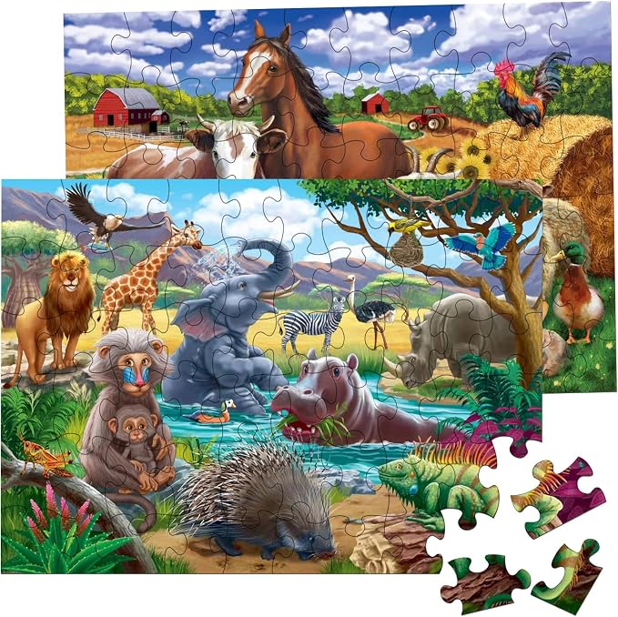 RANSUNN Puzzles for Kids Ages 4-6 - Farm & Wild Animal,2 Packs 60 Piece Puzzle for Kids Ages 3-5 6-8,Toddler Children Learning Educational Jigsaw Puzzles Toys for Boys and Girls.