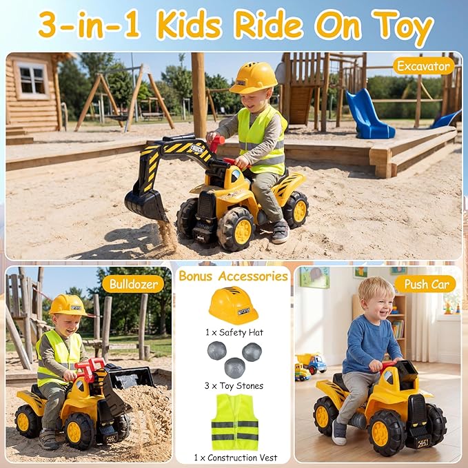 Costzon 3-in-1 Ride on Excavator Bulldozer, Kids Foot-to-Floor Push Car with Engine Sound & Under Seat Storage, Sit & Scoot Sliding Toy Construction Vehicle with Helmet & Vest for Aged 2+