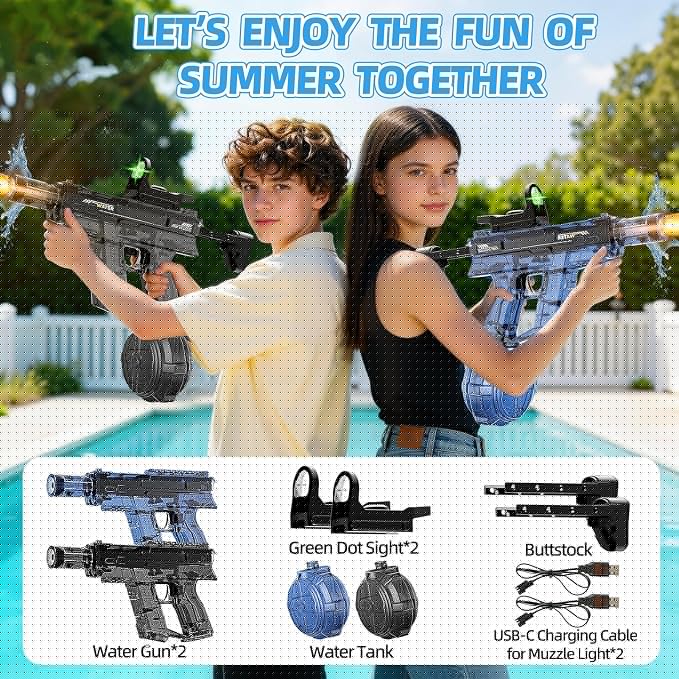 2PCS Electric Squirt Water Gun for Adult & Kids, Automatic Water Blaster Toy with Battery Powered, Long Range & High Capacity, Water Pistol for Outdoor Pool Beach Backyard Play Water Game