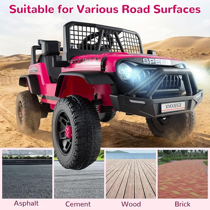 OLAKIDS 24V Ride on Car with Remote Control, Bluetooth, LED Lights, Horn, Spring Suspension, High/Low Speeds, Soft Start for Kids Aged 3+ (Pink)