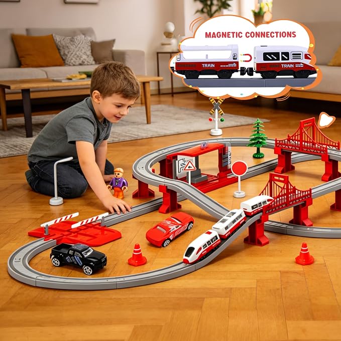 Wdmiya Train Sets for Toddlers, 104 Pcs Trains Toy with Battery Operated & Tracks (Magnetic Connection), Compatible with Thomas, Brio, Christmas Toy Gifts for 3 4 5 6 7 8 Years Old (City Red 104 Pcs)