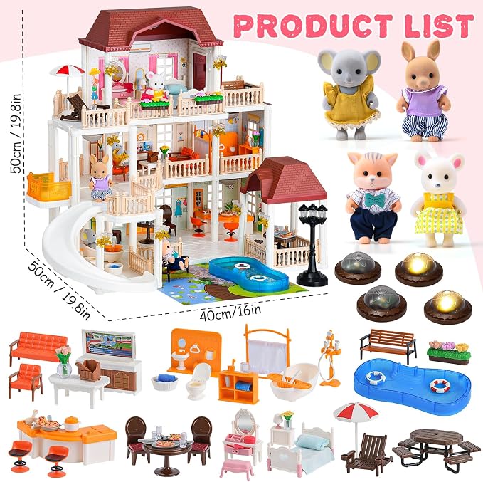 TUZT Doll House with 45 Pcs Furniture and Accessories, 3-Story with 4 Animal Dolls, Food Cooking Set, Warm Lights, Pool Slide and Movable Elevator, Pretend Play Dream Dollhouse for Girls 3+