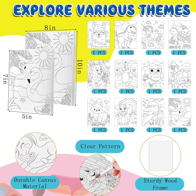Ireer 84 Pcs 12 Sets Paint Party Kits Animal Pre Drawn Canvas, Wooden Easel, Paintbrushes, Palette, Acrylic Paints and Aprons, Pre Drawn Canvas to Paint for DIY Birthday Party Gift(5 x 7 Inches)