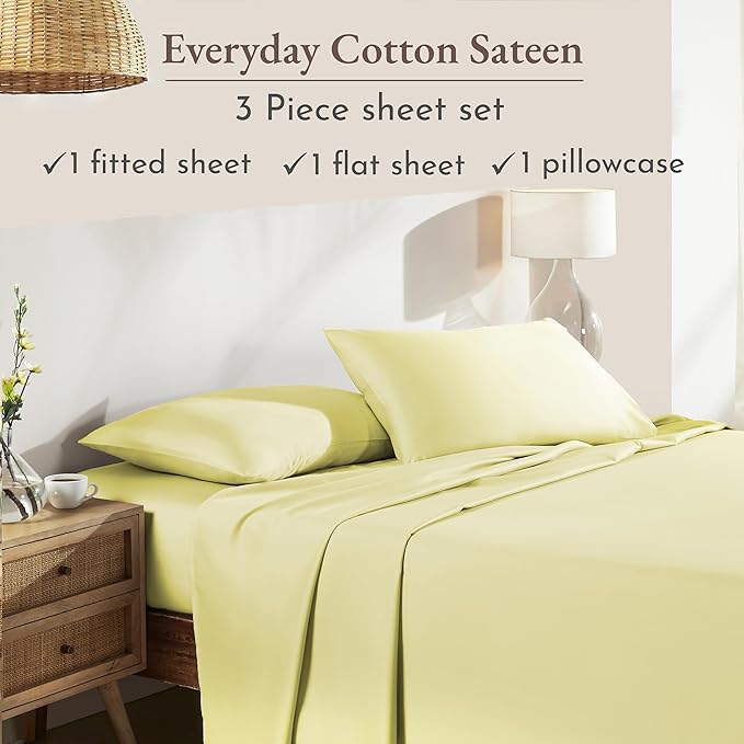 California Design Den Twin Size Sheets Set - Natural 100% Cotton Sheets Twin Size Set, 12" Pockets, Soft Sateen, Breathable and Durable Bedding for Dorm Rooms, College (Butter)