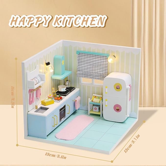 Kisoy Dollhouse Miniature with Furniture Kit, DIY 3D Wooden DIY House Kit A Corner of a Small Apartment Style with Dust Cover & LED,Handmade Tiny House Toys for Kids Adults Gift (Kitchen)