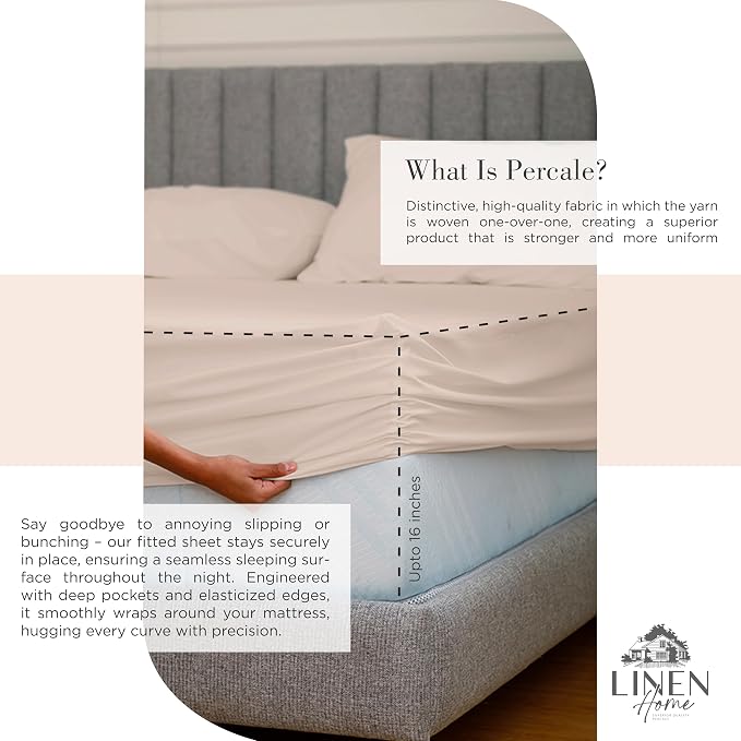 Linen Home 100% Cotton Percale Sheets Twin XL Size, Sand Shell, Deep Pocket, 3 Pieces Set- 1 Flat, 1 Fitted and 1 Pillowcase, Crisp Cool and Long Staple Strong Bed Linen