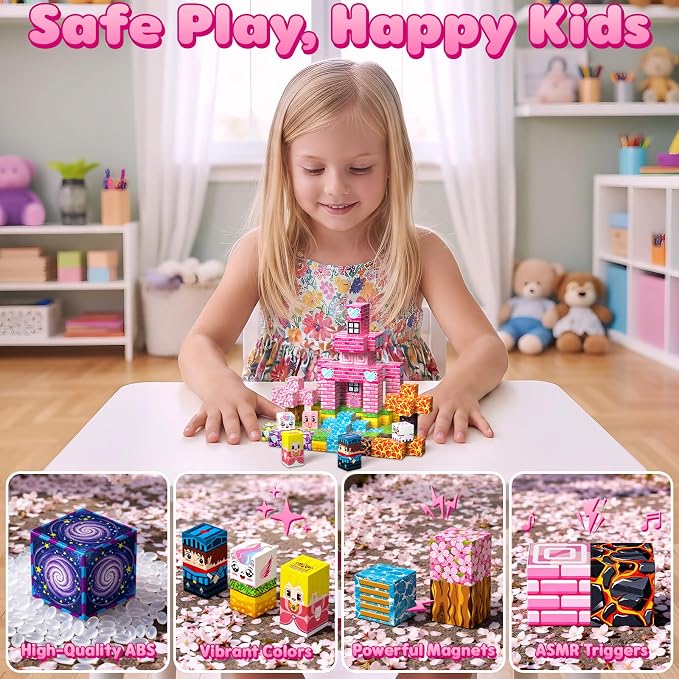 Magnetic Blocks, 48PCS Magnetic Building Blocks, Stacking Magnets for Kids, Sensory Toy for STEM Constructions Magnet Blocks for Boys Girls Age 3+, Christmas Birthday Gifts (Lava Sakura)