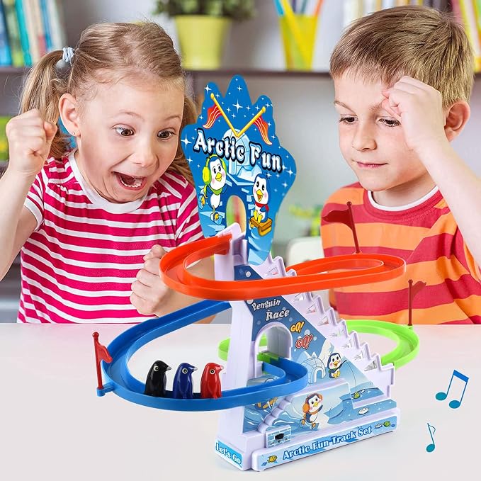 Arctic Fun Penguin Slide Toy Set: Playful Stair Climbing Penguins with Sliding Tracks, Music On/Off Switch for Quiet Play | Interactive Penguin Toy for Kids Toddlers Boys & Girls