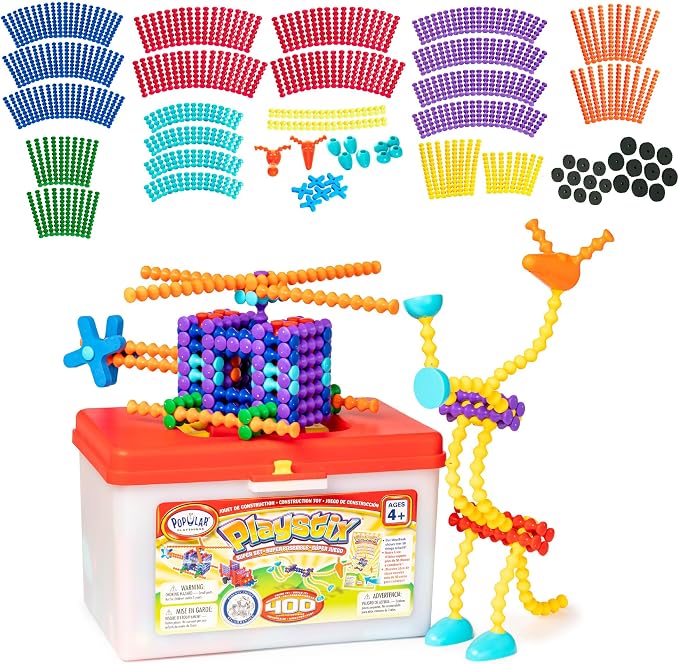 POPULAR PLAYTHINGS Playstix, Building Sticks Kit for Kids, Construction Stem Building Toy Gift for Boys & Girls - Super Set 400 Piece