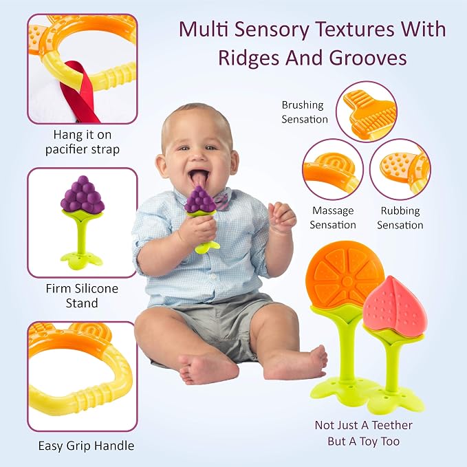 Teether Toys for Babies 0-6 Months, Newborn Infant Teethers Freezer Safe Silicone, Frozen Teething Toys 6 Pack - Perfect Baby Gift