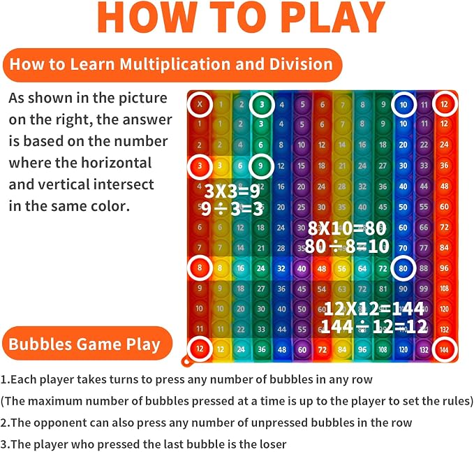 12x12 Multiplication Pop Game & Math Chart | Interactive Learning Toy for Kids | Teacher-Approved Classroom Tool | Stress Relief STEM Gift with Multiplication Table