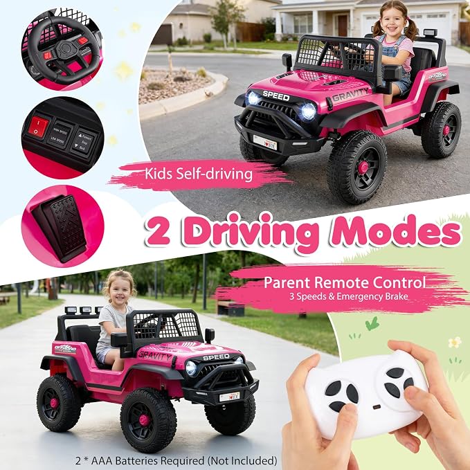 Costzon Ride on Truck, 24V Ride on Toys for Kids, Electric Vehicle with Parent Remote Control, Music, Horn, LED Headlights & Spring Suspension, Kids Car for Boys & Girls Aged 3+ (24V,Pink)