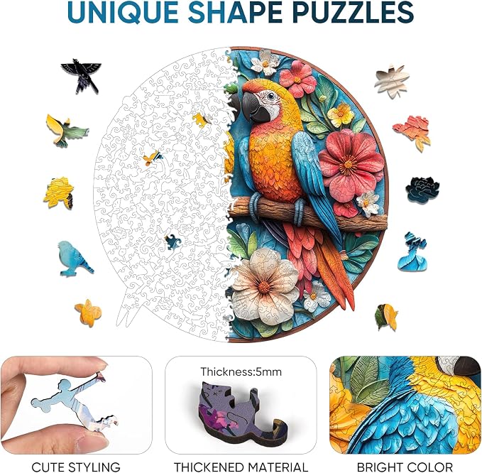 Mys Aurora Wooden Puzzles for Adults Round Parrots Jigsaw Puzzles, 200 Pieces 5MM Thick, Unique Shaped Colorful Bird Puzzle Family Game Gift for Adults and Kids, 11 x 11.2 Inch