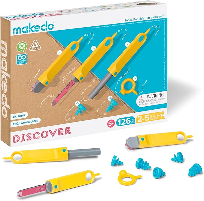Makedo Discover | 126 Piece Cardboard Construction Toolbox for 1-5 Makers | STEM and STEAM Educational Toys for Kids | At Home Play + Classroom Learning | Reusable Tools for Boys and Girls Age 5+