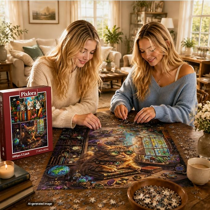 2-Pack Adult Puzzle Set – 2 Unique Designs, 1000 Pieces Each (2000 Total Pieces), Enchanted Cat Jigsaw Puzzles, Underwater & Starlight Magic Cats Puzzle, Whimsical Cat Puzzles, Challenging Family Fun