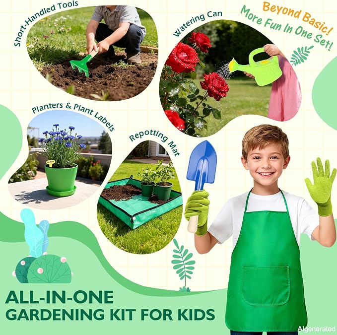 FHOZGECY Kids Gardening Set with Wheelbarrow, Metal Gardening Tools with Apron, Gloves, Watering Can, Repotting Mat, Flower Pots, Outdoor Backyard Play Learning Toys for Boys Girls Ages 3-8