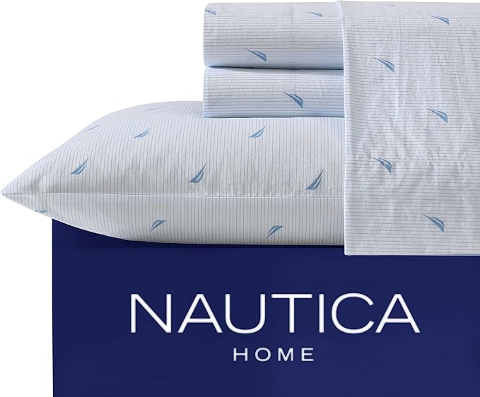 Nautica - Twin XL Size Sheet Set, Crisp & Tailored Cooling Sheets with a Smooth Cotton Percale Lightweight Feel - Bed Sheets with Matching Pillowcase & Fitted Sheet (Boat Stripe Pale Blue)