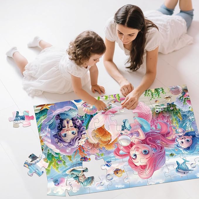 IFLOVE Mermaid Floor Puzzle for Kids — 48 Piece Jumbo Underwater Mermaid Jigsaw Puzzle, Ocean Fantasy Puzzle with Sea Creatures, Educational Toy Birthday for Girls Boys Ages 3-8