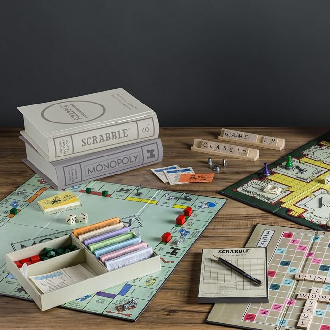 WS Game Company Collection of 15 Vintage Bookshelf Board Games Including Scrabble, Monopoly, Clue, Yahtzee, Chess, Boggle, Candy Land, Connect Four, & Sorry! - Classic Family Games for Kids & Adults