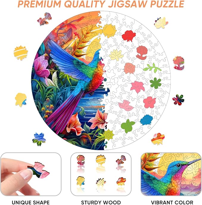 Mocfesk Wooden Puzzles, Hummingbird Jigsaw Puzzles 200 Pieces, Unique Shaped Bird Jigsaw Puzzles for Adults, Gifts for Seniors, Fun Family Game, 11.2 x 11.2 in