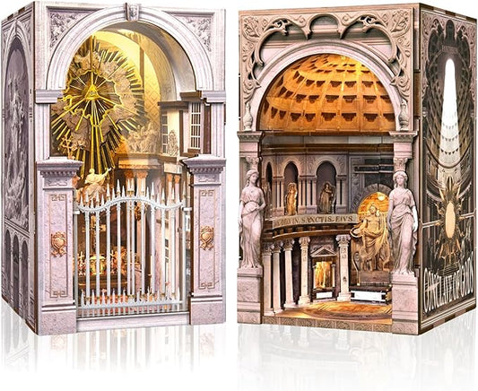 2 PCS DIY Wooden Dollhouse Kit, Architecture Miniature with LED Light Dust Cover, Easy Assembly Creative Craft for Adults Bookshelf Decor (St. Charles Church & Pantheon)