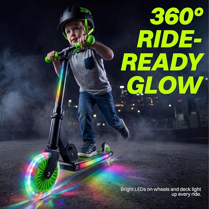 JOVA ZIFFY Light Up Scooter for Kids 3-12, 2 Wheel Foldable Kids Kick Scooter, 3 Adjustable Height, ABEC-7 Bearing with 4'' PU Wheels, Rear Foot Brake, Gift for Boys& Girls (Up to 110lb)
