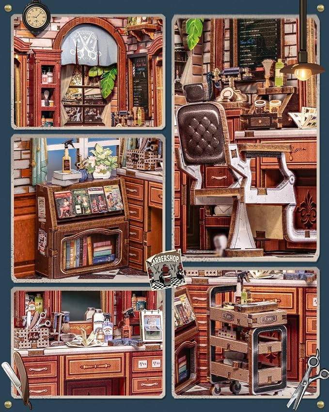 Book Nook Kit - DIY Adult Miniature Dollhouse, Hair Salon Themed, 3D Wooden Puzzle Bookend, Bookshelf Decor Gift for Family and Friends (John's Hair Salon)