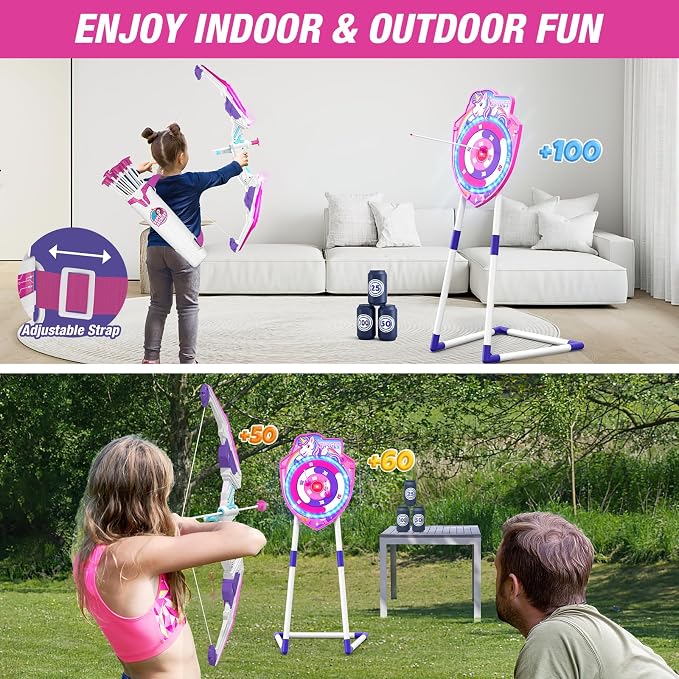HYES Bow and Arrow for Kids, LED Light Up Unicorn Archery Set with 12 Suction Cup Arrows, 1 Standing Glow Target, 3 Score Targets & 1 Quiver, Indoor Outdoor Sport Toys for Boys Girls Ages 4-12