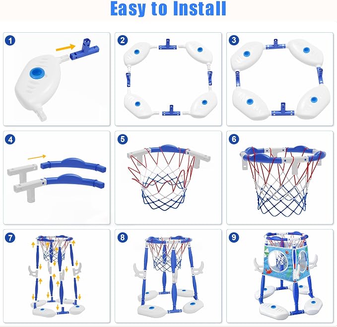 Pool Basketball Hoop 3-in-1 Basketball Football Ring Toss Games Pool Toys with 5 Balls, Floating Basketball Hoop for Pool for Kids & Adults Indoor Outdoor