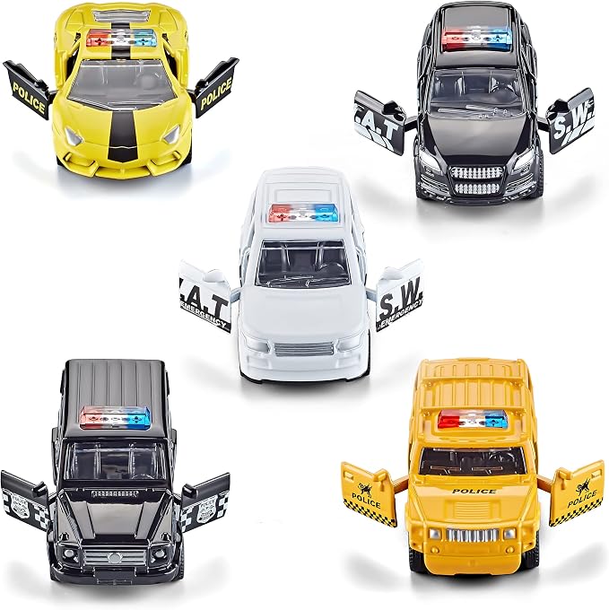 KIDAMI Die Cast Metal Toy Cars Set of 5, Small Cop Openable Doors Pull Back Car Gift Pack for Kids (Police Car)