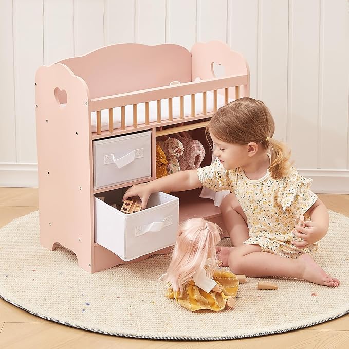 OOOK Baby Doll Crib, Wooden Baby Doll Bed and Changing Table, Dollhouse Furniture with Two Storage Box, Bedding and Coat Hangers, Nursery Playset Suitable for Dolls Under 22 Inches, Pink