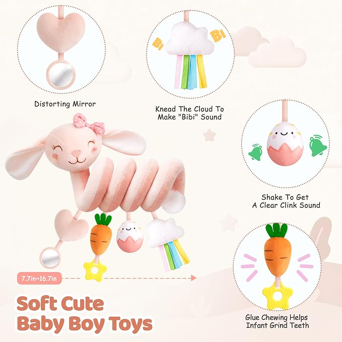 Stuffed Pink Bunny Spiral Car Seat Toys for Babies 0-6 Months, Infant Stroller Toy with Plush Carrot & Star Teether Hanging, Baby Registry Search & Shower Gifts for Newborn Girls